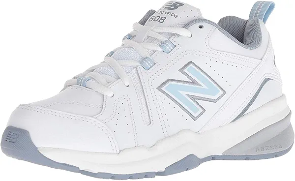 New Balance Women's 608 V5 Casual Comfort Cross Trainer, White/Light Blue, 8.5