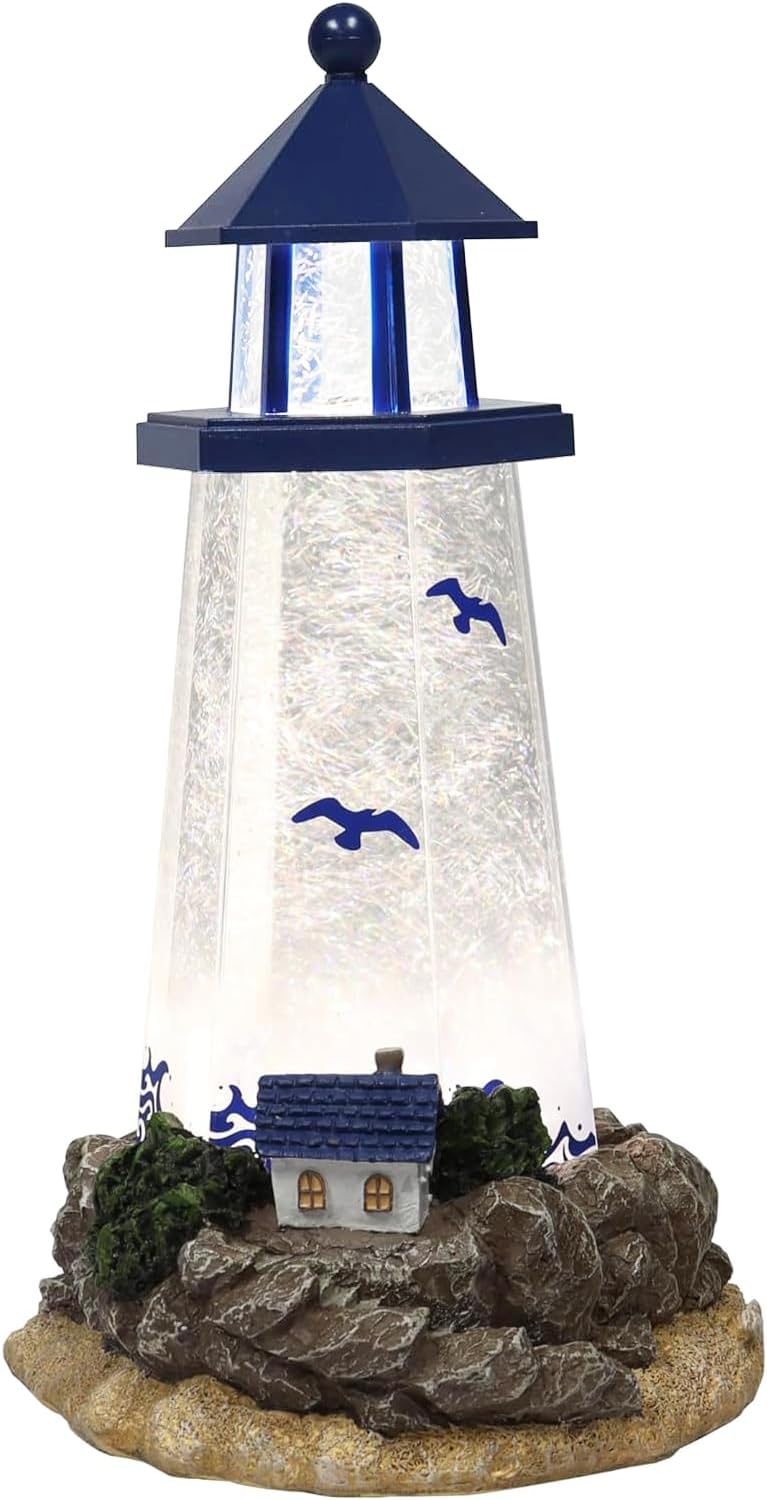 Lighthouse Water Globe by Moments in Time 11.5” Acrylic Spinning Glitter Light Battery Operated Nautical Home Décor Coastal Beach Theme Gift Decoration Spinning Water Globe