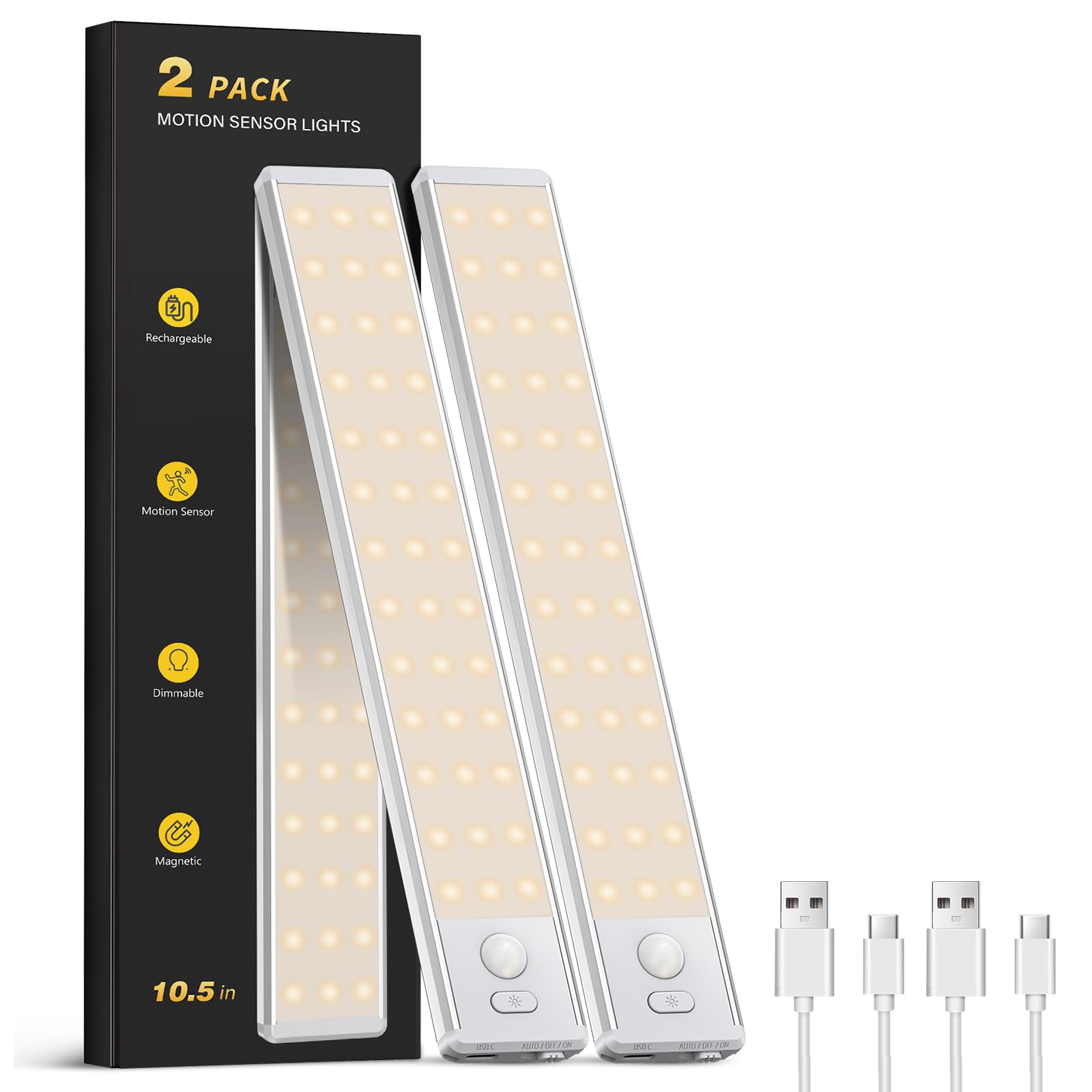 Under Cabinet Lighting - 10.5" Motion Sensor Light Indoor, Magnetic Wireless Closet Lights, Dimmable Led Night Light, Rechargeable Under Counter Lights for Kitchen, Bedroom, Stair, 2 Pack