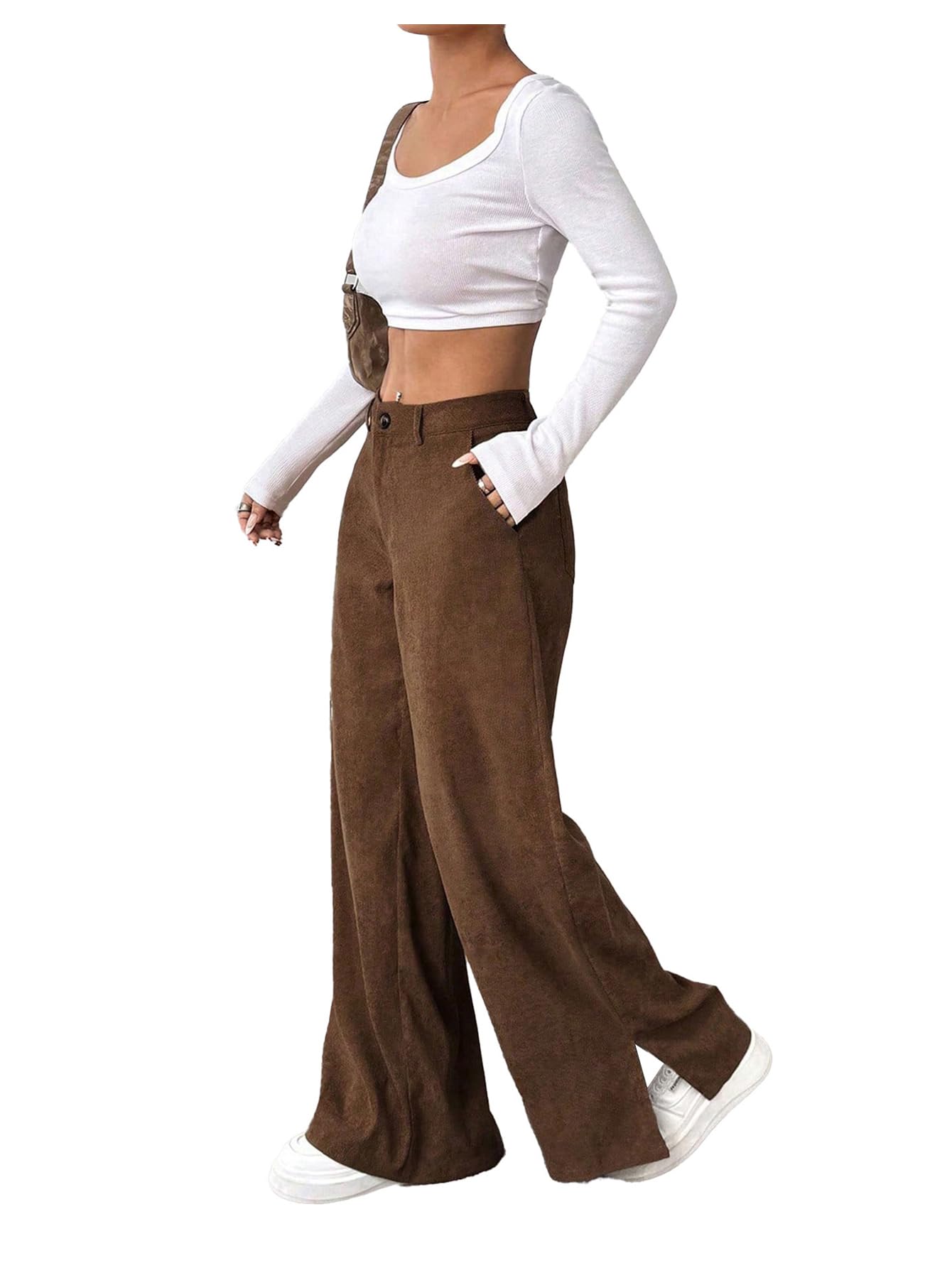 SweatyRocks Womens Corduroy Wide Leg Baggy Pants Casual Split Low Waist Long Fall Trousers with Pockets