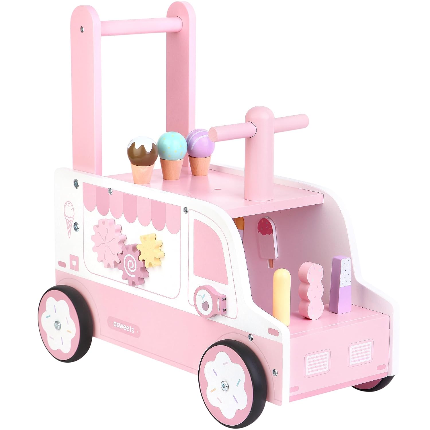 Asweets Wooden Baby Push and Pull Walker with Wheels, Learining Acticity Walker for Boys & Girls, Multiple Activities Cent