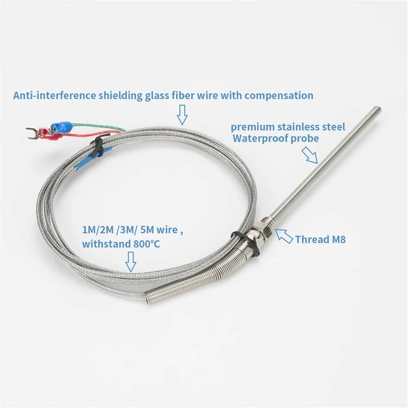 Najbardziej idealny czujnik temperatury, 1M 2M, typ K, termopara ze stali nierdzewnej 0-800℃, średnica 5 mm, gwint M8 50 mm/100 mm/150 mm/200 mm (długość kabla 1M, 150 mm)