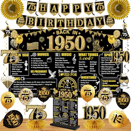 75th Birthday Decorations Kit for Men Women, Black Gold 24PCS Back in 1950 Banner Decorations , Vintage 1950 Banner Wooden Table Sign Poster Hanging Swirl Balloons Papar Fans Cheers to 75 years