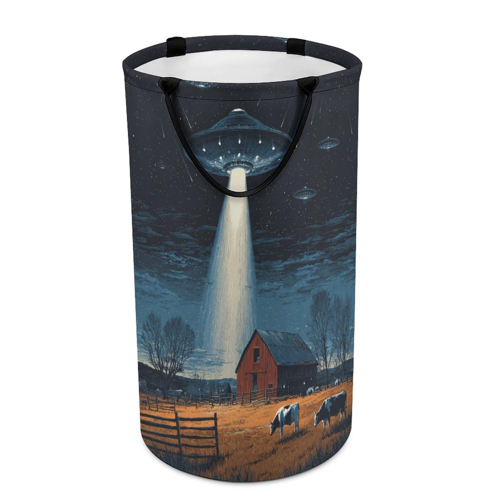 LUYYSKY Rustic Abstract Farmhouse UFO Collapsible Dirty Clothes Basket, Retro Western Farm Log Cabin Barn Animal Cow Portable Clothes Storage Laundry Basket-40 CM Dia, 69 CM High