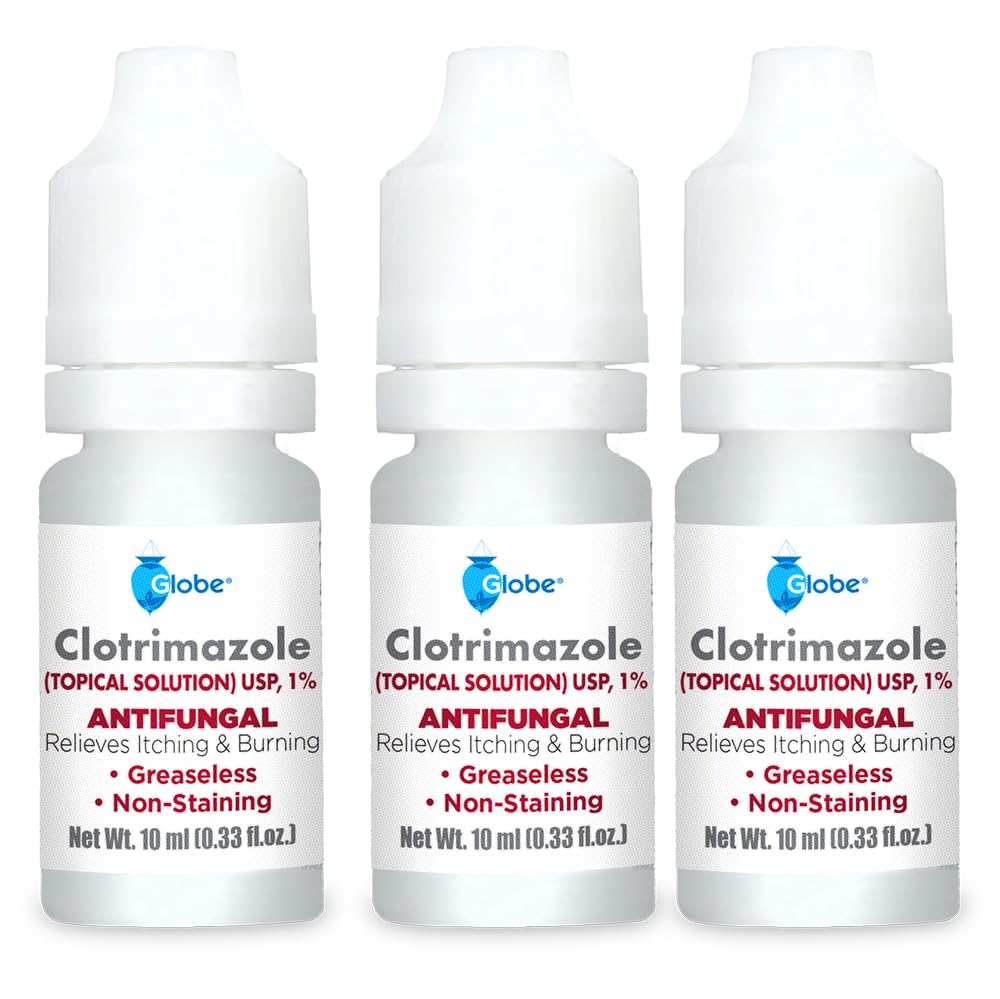 Globe (3 Pack) Clotrimazole 1% Antifungal Topical Solution for Athlete’s Foot, Jock Itch and Ringworm. 10ml Bottle (0.33 Fluid Ounce Liquid) (3 Bottles)