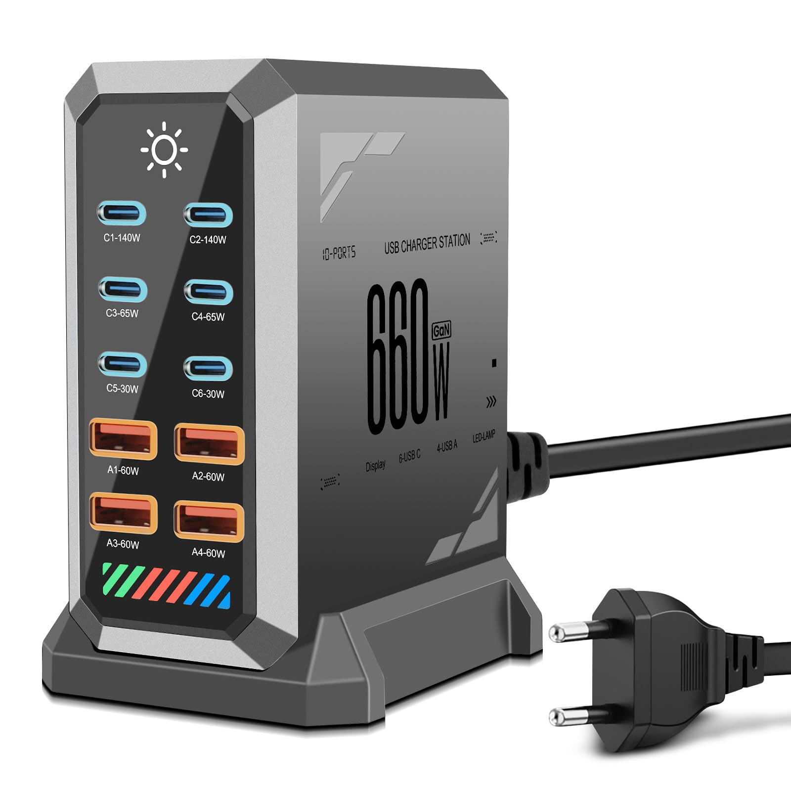 660W USB C Ladegerät Mehrfach, GaN III 10 Ports Schnellladegerät Ladestation mit 6 USB-C und 4 USB-A Charger PD PPS 140W Laptop Ladegerät Adapter für Mac Book Pro/Air, für iPad Pro/Air