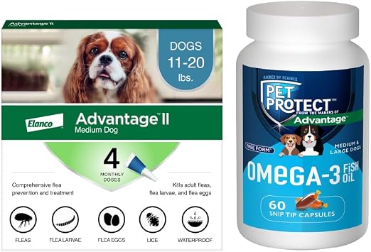 Bundle of Advantage II Medium Dog Vet-Recommended Flea Treatment & Prevention | Dogs 11-20 lbs. | 4-Month Supply + Pet Protect Omega 3 Supplement for M/L Dogs | 60 Capsules