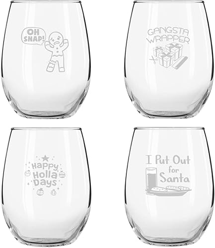 Miniatura 4 de DU VINO Christmas Puns - Divertidas copas de vino sin tallo (juego de 4) de 15 onzas – Copas alegres para fiestas navideñas, idea de intercambio de