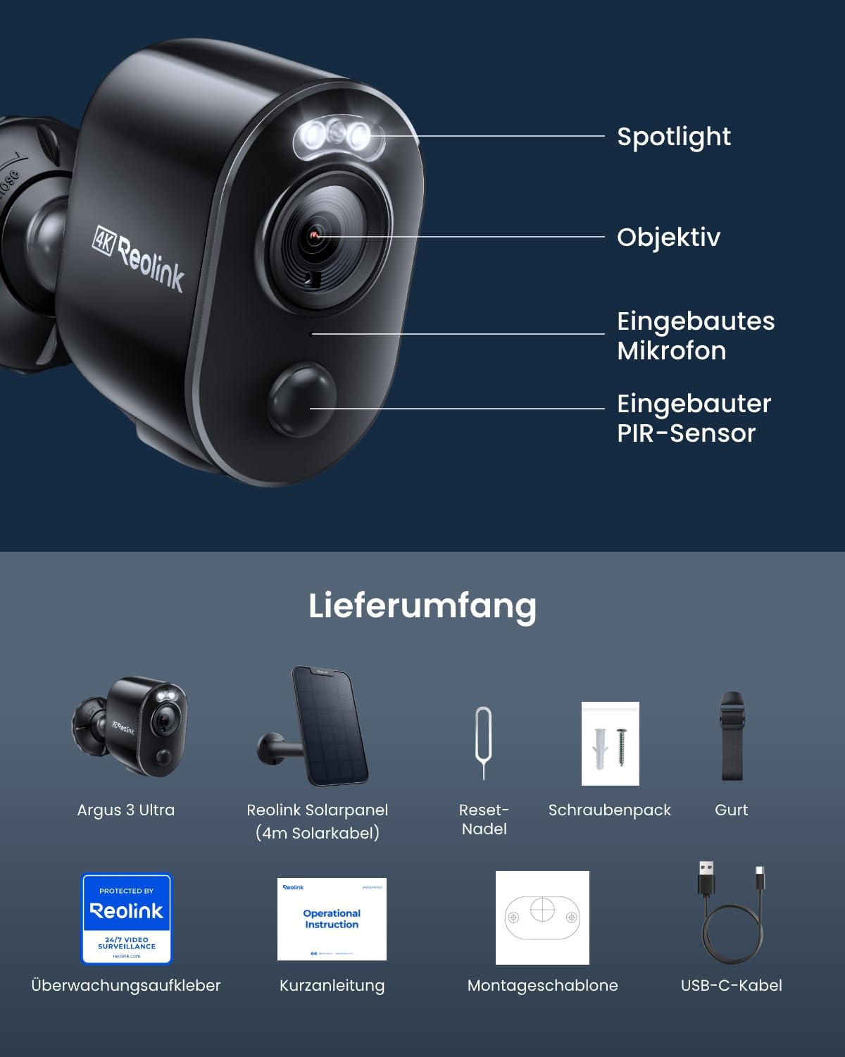 Reolink Überwachungskamera Aussen Akku Argus 3 Ultra(Schwarz) mit Solarpanel, 8MP Farbnachtsicht, Solar WLAN Kamera Outdoor mit 2,4/5GHz WiFi, KI-Erkennung, Alarm-Filter, Spotlights, 2-Wege-Audio