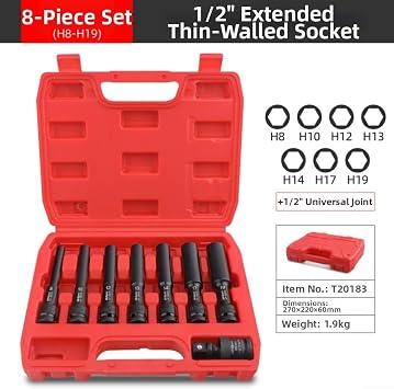 Extended Thin Wall Socket Set 1/2 Inch Drive Metric Chrome Vanadium Steel Long Reach Deep Sockets For Impact Wrench Motorcycle Auto Repair Tool Kit Black 5 Piece Assortment 7mm To 24mm Sizes(A)