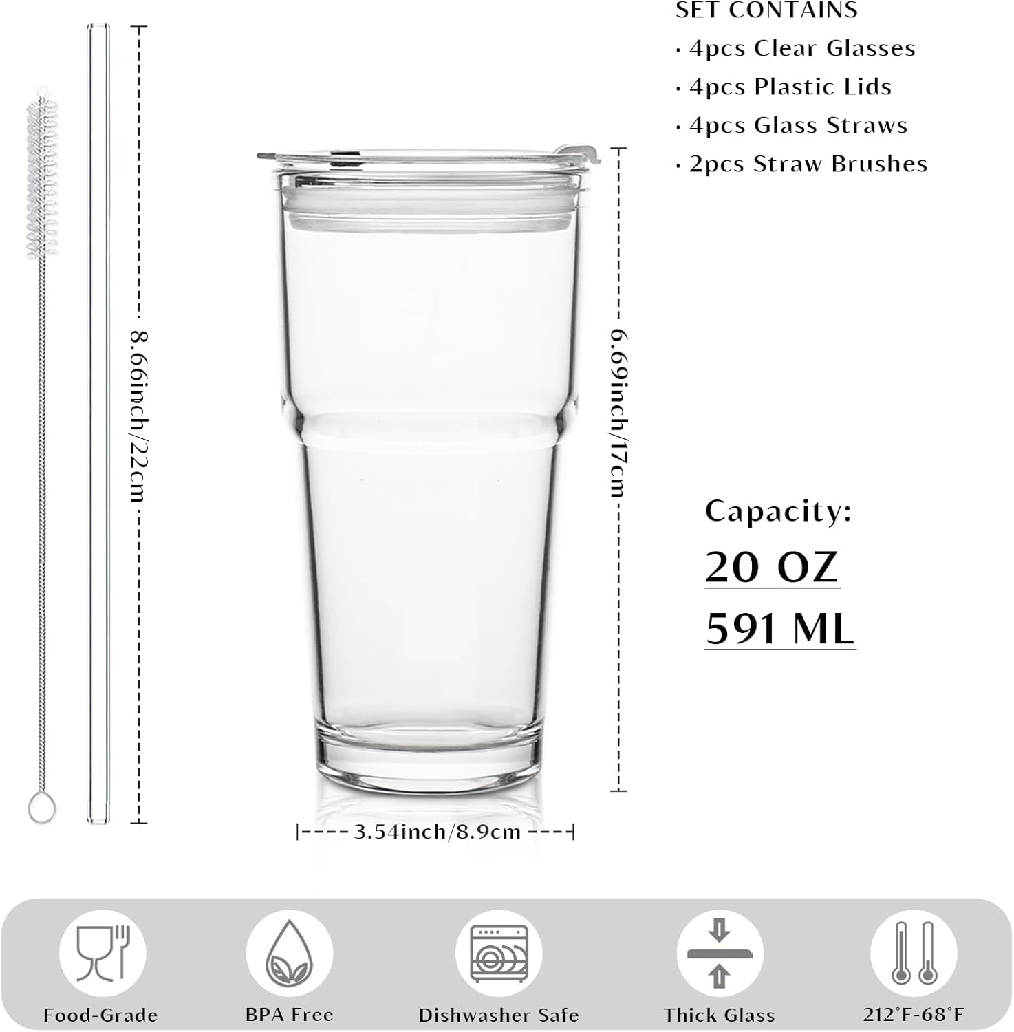 INSETLAN 20oz Glass Tumbler with Glass Straw and Lid, Set of 4 - Thickened Ice Coffee Cup, Glass Cup with Lid and Straw for Smoothie, Tea, Milk, Whiskey, Water and More – Elegant & Durable - Image 2