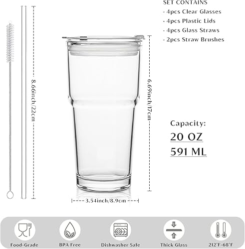 Miniatura 2 de INSETLAN Vaso de vidrio de 20 onzas con popote de vidrio y tapa, juego de 4  Taza de café helado engrosada, taza de vidrio con tapa y popote para