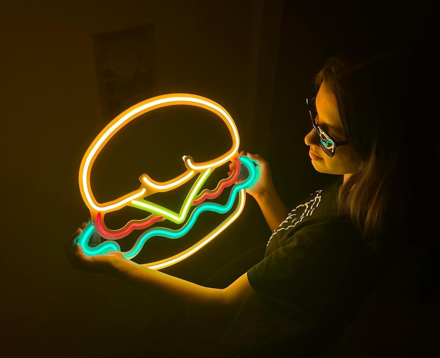 Hamburger Wall Sign, Neon Metal Wall Art, Hamburger Neon Sign, Neon Wall Decor, Neon Wall Sign, LED Light Decor, Pub Restaurant Cafe Wall Decor (Without Remote Control)