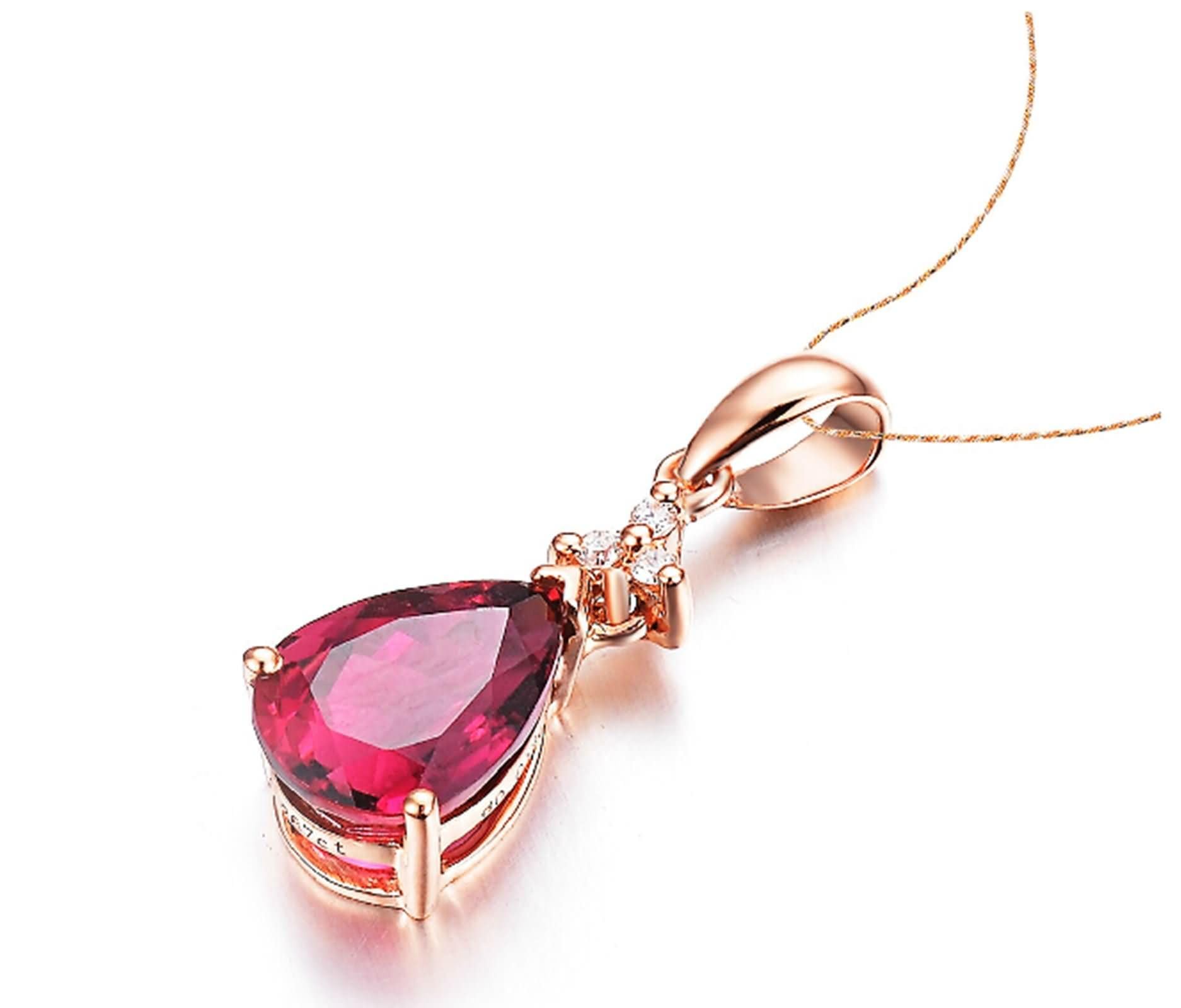 Collane Donna in Oro Rosa 9K / 14K / 18K 750, Goccia d'acqua con Tormalina Rossa da 1,2ct e Diamante, Collana Pendenti Oro Rosa Donna