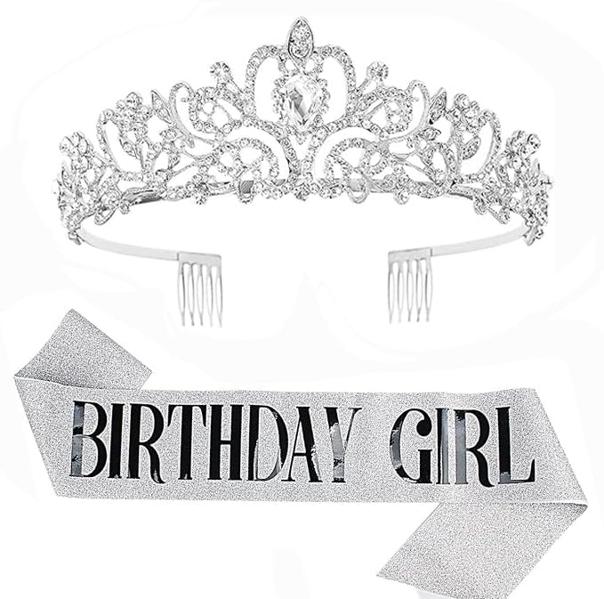 Araluky Sliver Sash Rhinestone Tiara Set for women ,HAPPY Birthday Sash Quinceanera Party Supplies Birthday Accessories Gifts for Girl with Fun Party with Sliver Black Lettering