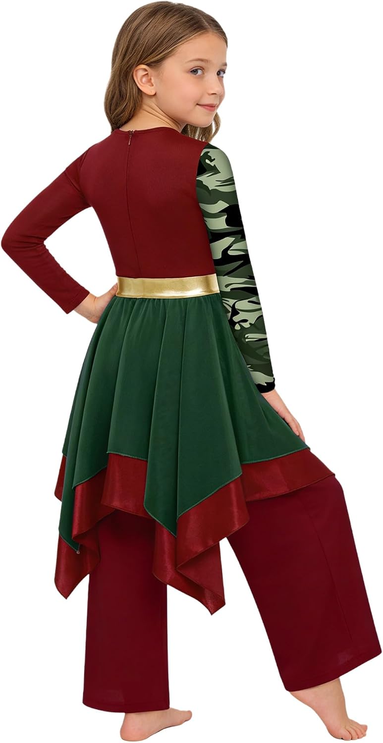 ACSUSS Kids Girls Praise Dance Dress 2 Piece Outfit Liturgical Worship Overlay Lyrical Dress with Wide Leg Pants