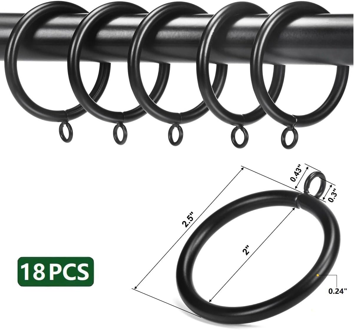 Thick Metal Curtain Rings,2.0-Inch Inner Diameter, 0.24-Inch Wire Diameter Fit up 1.7-inch Rods (Black-18Pcs)
