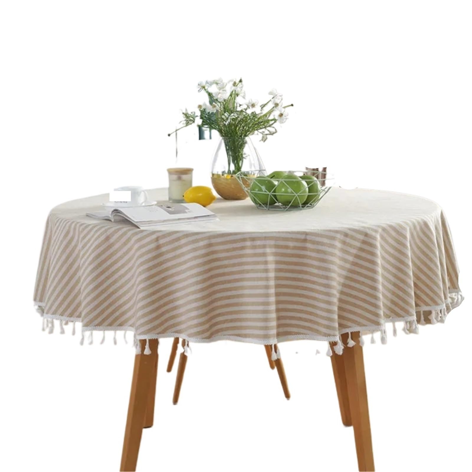 ZHSOAO Striped Round Tablecloth Plain Tassel Table Cloth Cotton Linen Cover Towel for Cafe(Beige,Diameter 120cm)