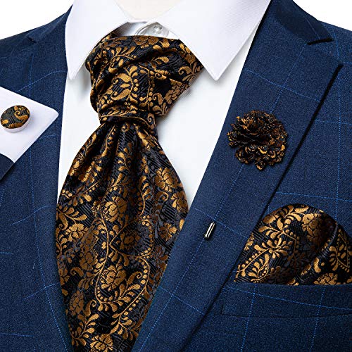 Image of DiBanGu Mens Silk Ascot Ties Paisley Jacquard Woven Cravat and Pocket Square Cufflinks with Lapel Pin for Business Wedding