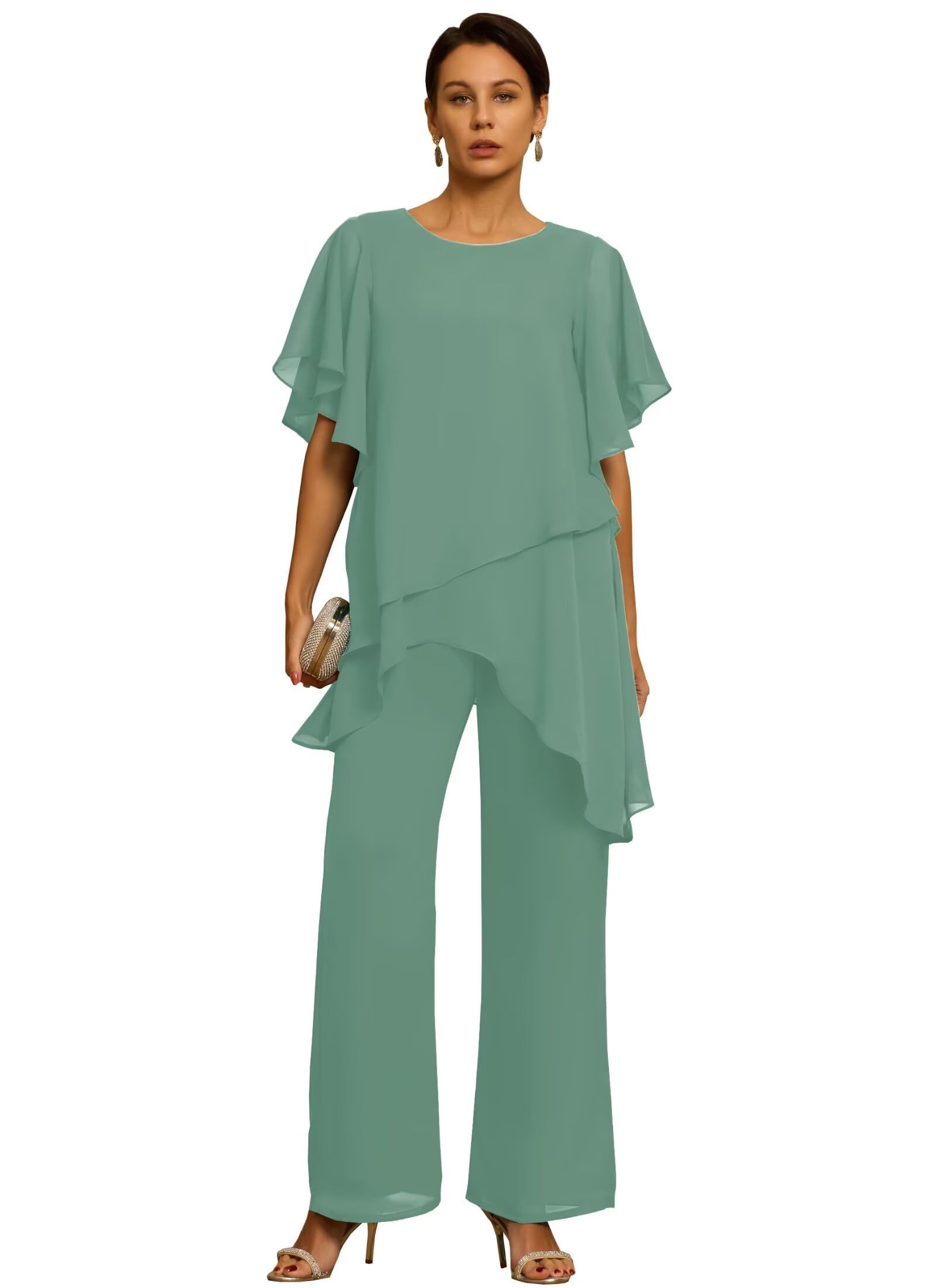 JAEDEN Hosenanzug für Brautmutter 2 Teilig - Festlich Hosenanzüge Chiffon Schlicht Hochzeitsgast Hosen Set