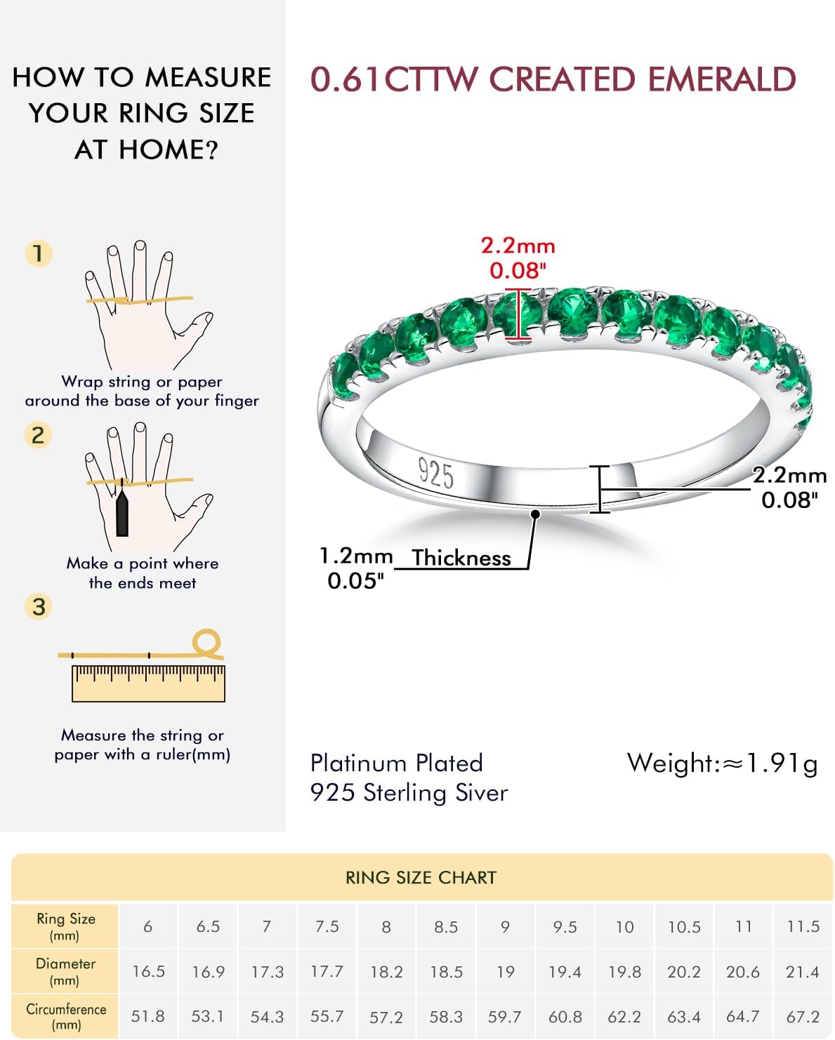 DAYBYDAY Emerald Ring Sterling Silver Emerald Eternity Band May Birthstone Stackable Rings Women's Eternity Rings Size 9