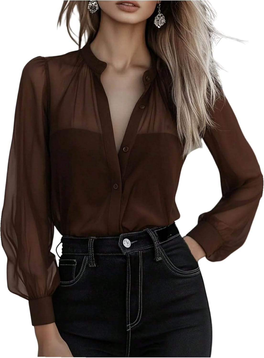 GORGLITTER Women's Sheer Button Up Blouse Tops Dressy Business Casual Fall Mesh Long Sleeve Button Down Work Shirt Top