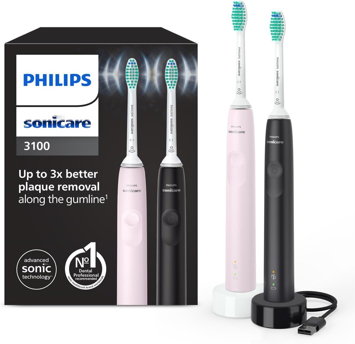 Philips Sonicare 3100 Electric Toothbrush, Sonic Toothbrush, Pressure Sensor and Timer, Sugar Rose and Black, Dual Pack, HX3675/15