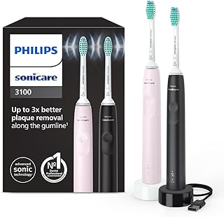 Philips Sonicare 3100 Electric Toothbrush, Sonic Toothbrush, Pressure Sensor and Timer, Sugar Rose and Black, Dual Pack, HX3675/15