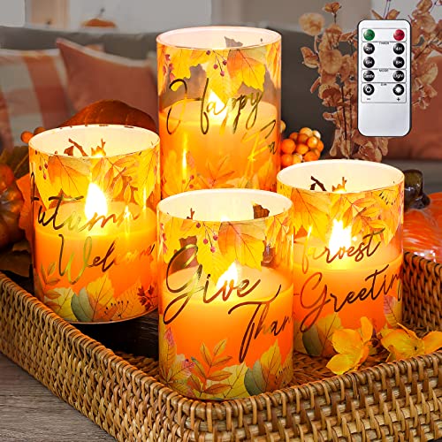 Immeiscent Fall Decor Flameless Candles,Maple Leaf Flickering Glass Candles,Farm House Realistic Pillar Candle With Remote&Timer For Havest Celebration,Fall Decor, Home, Party(Set Of 4) #TOP9