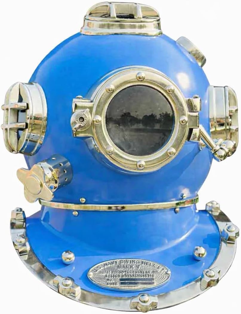 Vintage US Navy Mark V Diving Helmet Replica, Blue, Solid Metal, Nautical Maritime Collectible Decor