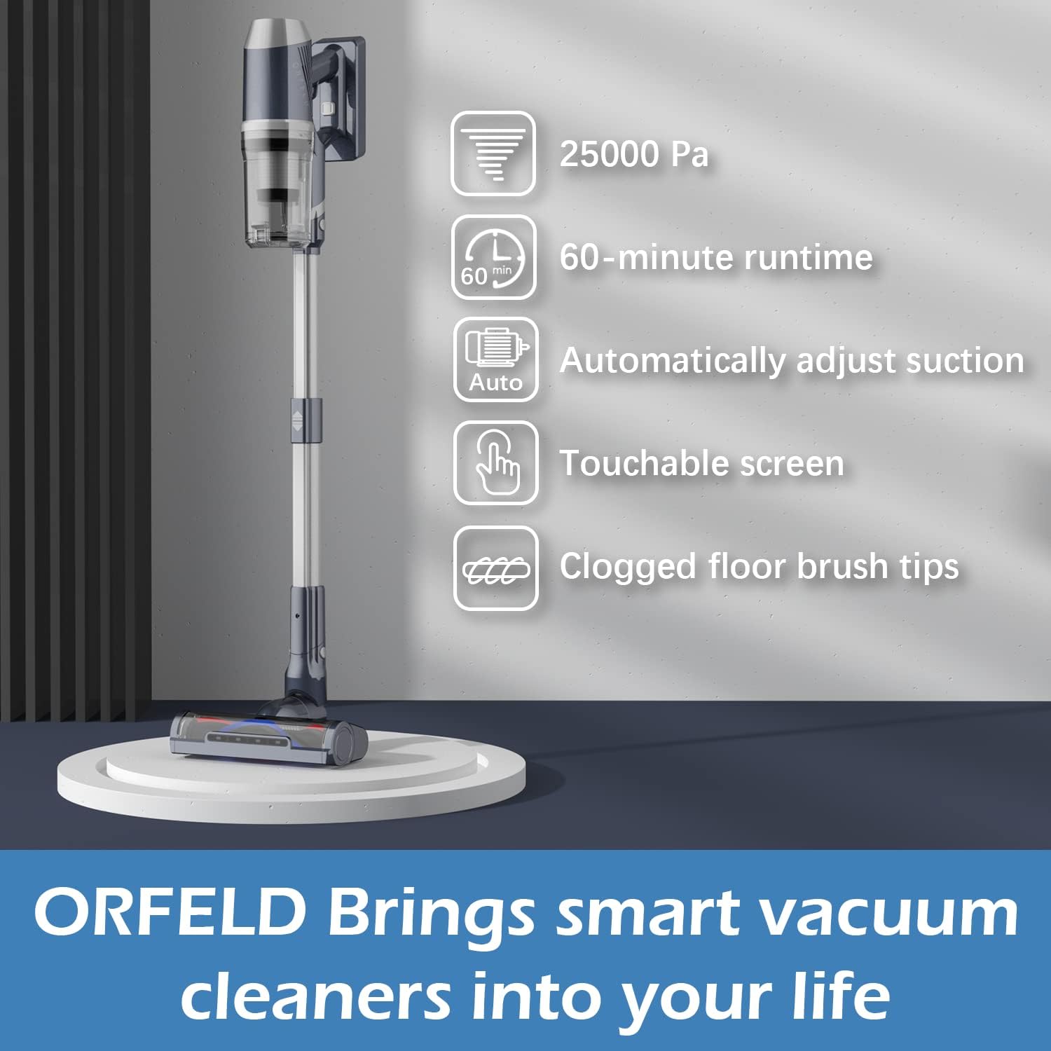 ORFELD 696p Cordless Vacuum Cleaner, 25000 Pa Stick Vacuum 4 in 1, Up to 60 Minutes Runtime with Smart LCD Display, Extended Tube and 2 in 1 Nozzle Suitable for Ceiling, Hard Floor, Soft Blanket -