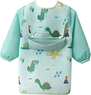 مريلة طعام بأكمام طويلة مقاومة للفوضى بمصيدة طعام مقاومة للماء بنمط كرتوني لطيف من اي سي في في، للأطفال من عمر 12 - 36 شهر (الطول: 90 - 110 سم)