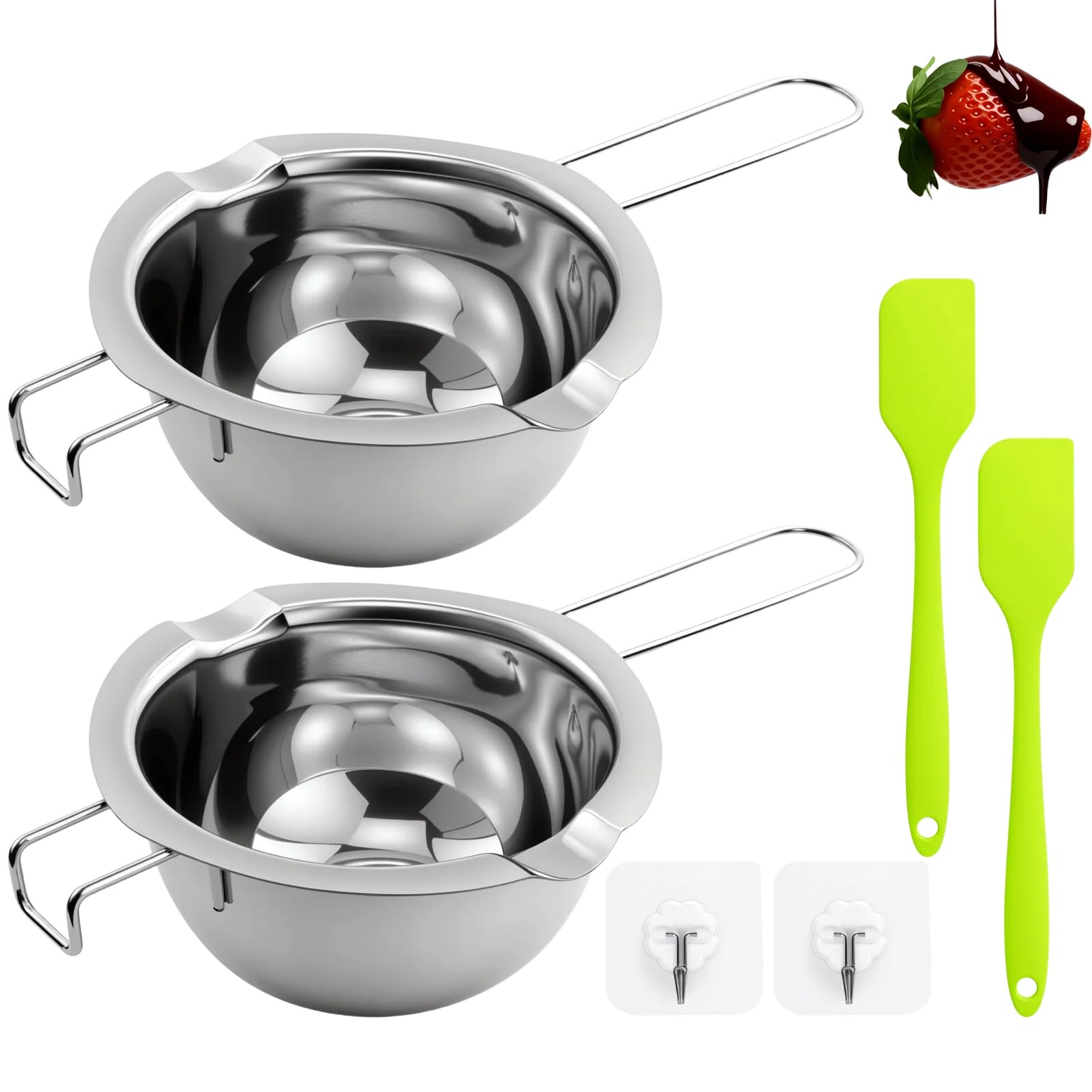 Set di 2 ciotole per sciogliere il bagnomaria, 500 ml, in acciaio inox, con 2 spatole in silicone per burro, cioccolato, formaggio, caramello, candele