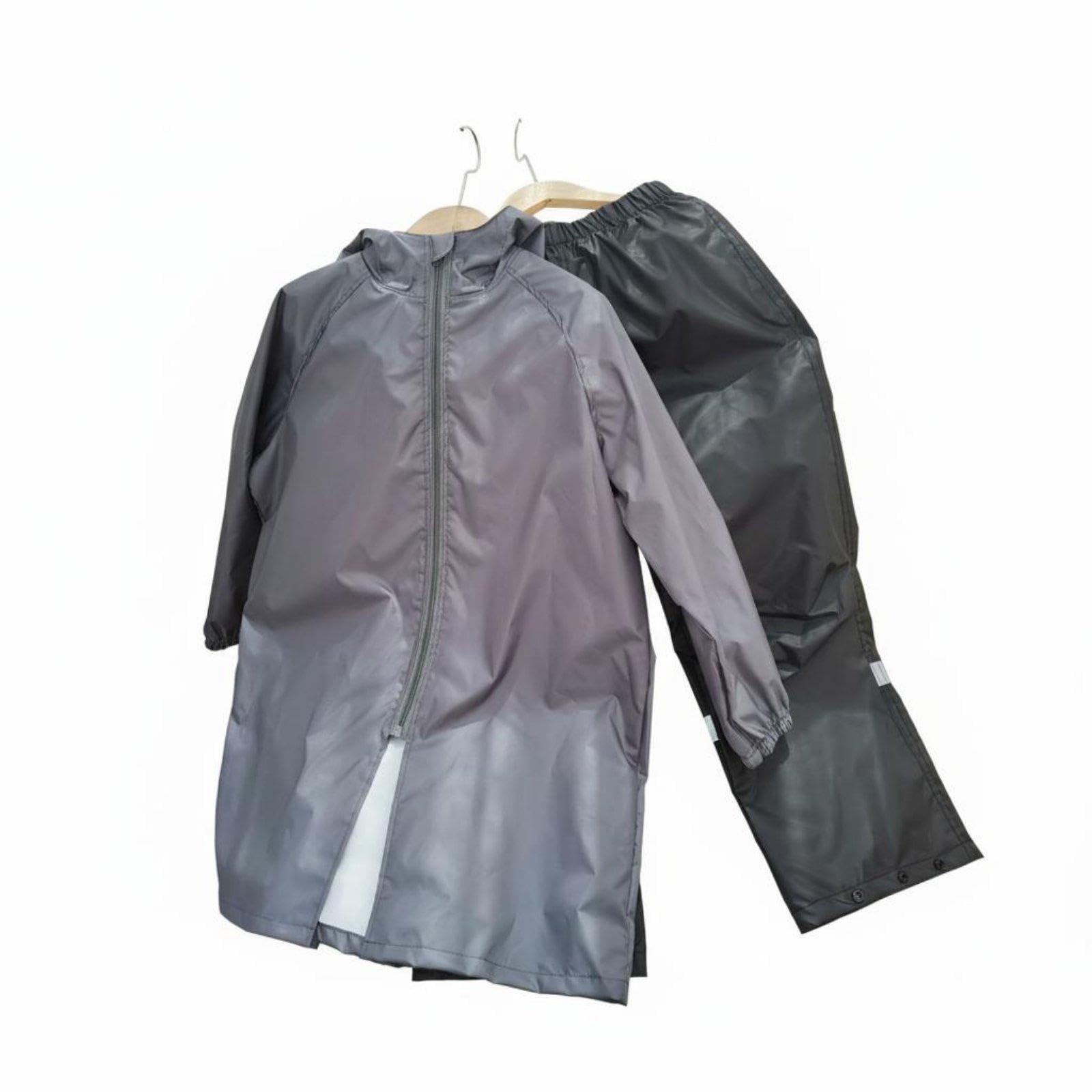 CALANDIS 2 Pieces Kids 2-Piece Rain Suit Waterproof Children's Raincoat and Pants Set Hooded Raincoat and Pants Set for Young Children, Outdoor, Camping 130 Gray Black-picture-14