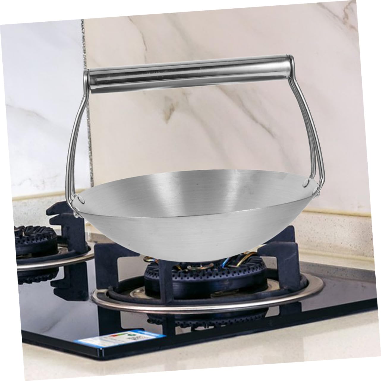 Ciieeo Wok aus Edelstahl mit Rundem Boden, 31, 75cm, Silber | Aufhängestange, zum Servieren, Braten und Kochen, für Küche, Restaurant und Zuhause