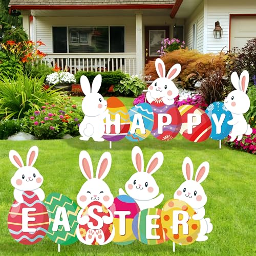 2 PCS Happy Easter Yard Signs Bunny and Egg Lawn Signs with Stakes Large Plastic Bunny Yard Stakes for Outdoor Garden Lawn Easter Hunt Game Party Props Decorations