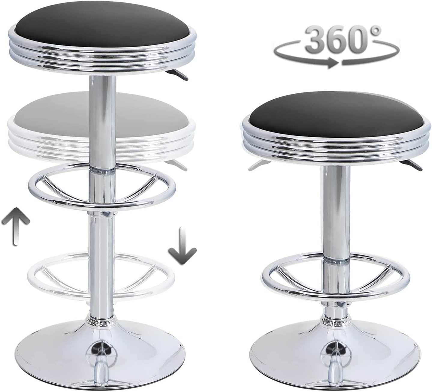Frее Shірріng Ovеr $50 Sophia & William Bar Stools Swivel Backless Round Barstool , Counter Height Adjustable Metal Chairs with Footrest, PU Leather Retro Diner Stools for Kitchen Home Shop Bar Pub Restaurant (Black, 1 pcs)