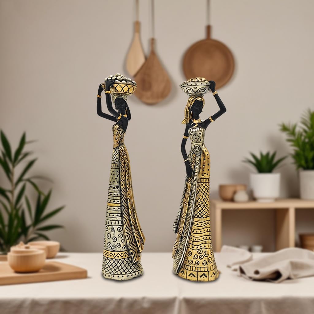 13" African Statues for Home Decor,2-Piece Set Lady Figure Sculptures Decorations for Tables Top,Black Vintage Ornament for Shelf and Living Room,Bookshelf,Décor Accents Gifts for Women