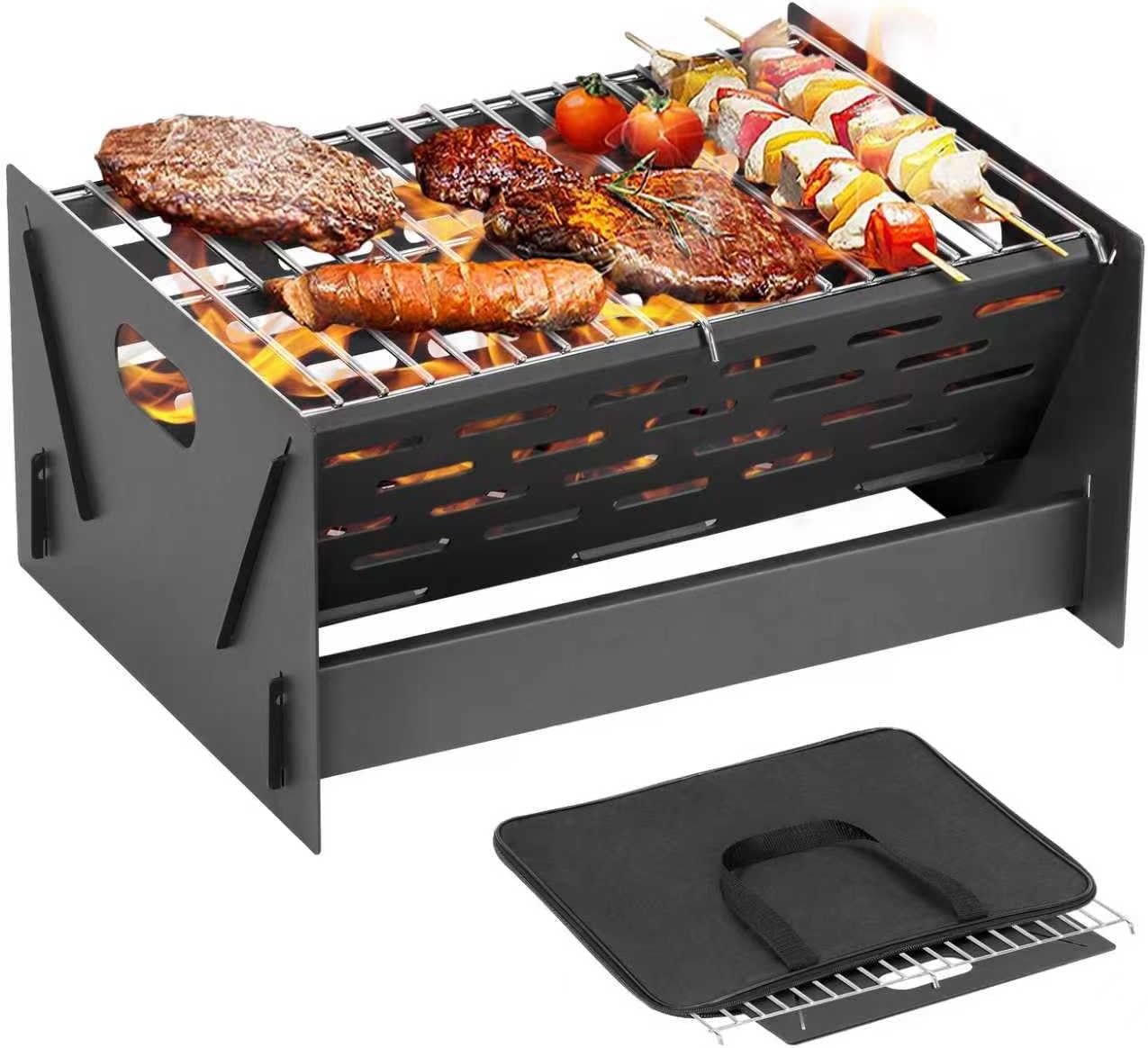 Portable Charcoal Grill, Folding Camping Campfire Grill with Carry Bag, Heavy Duty BBQ Grill Fire Pit for Outdoor Cooking, Camping, Picnic, Patio, Backyard by DNKMOR