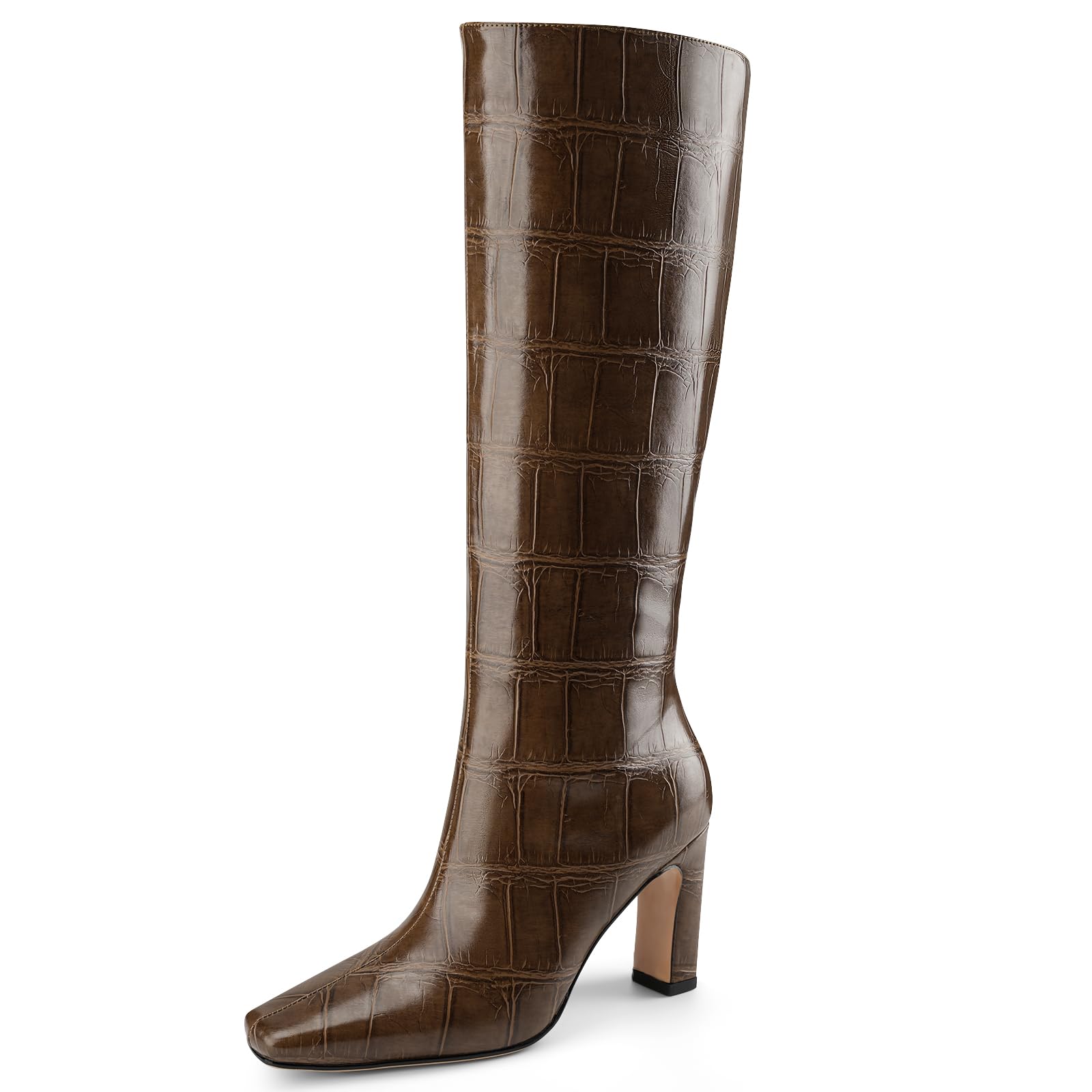 Knee High Boots Women Black Long Boots Slip on Tall Boots Chunky High Heel Square Toe Crocodile Pattern