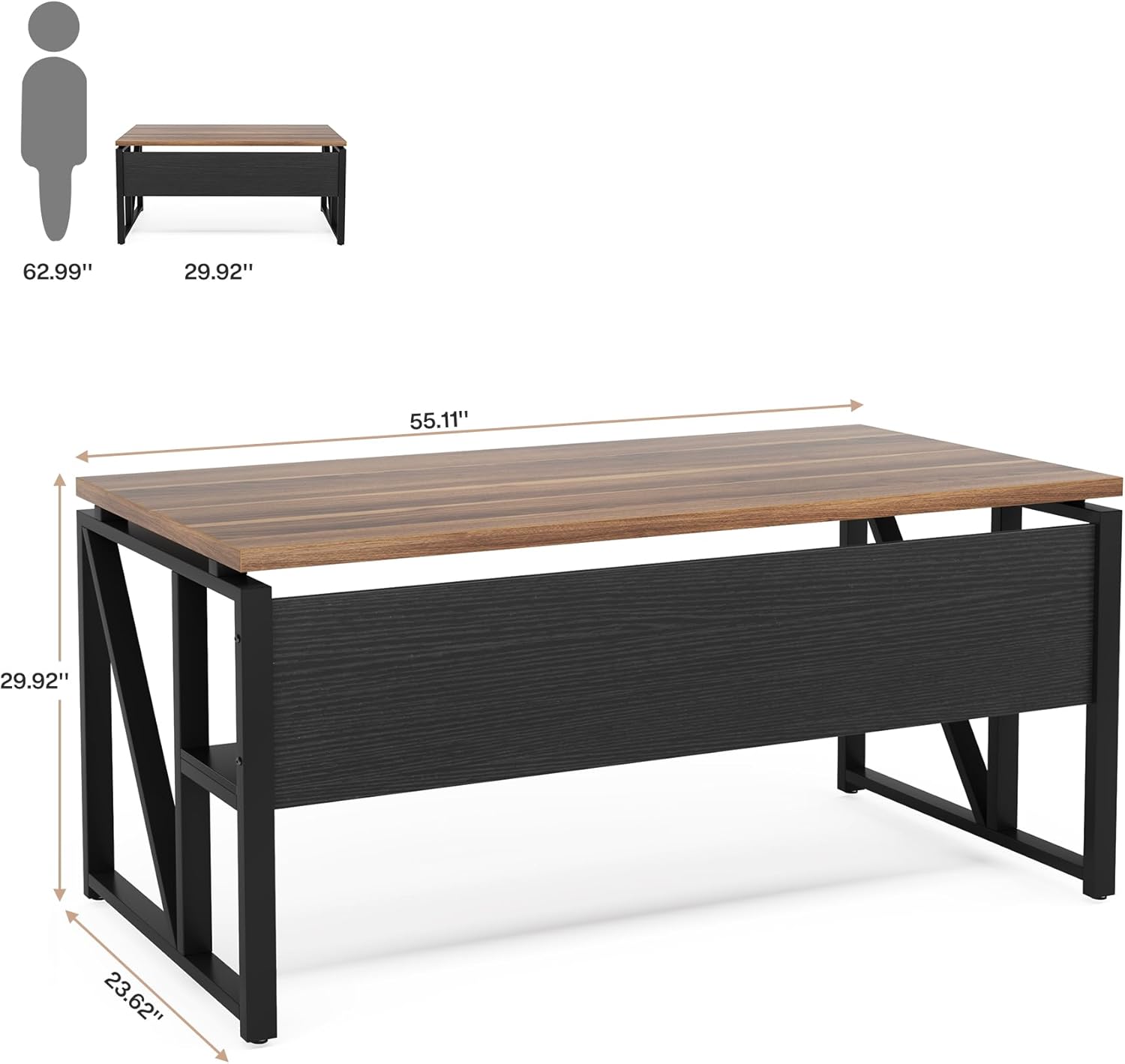 Detailed dimensions of the Tribesigns 55-inch computer desk, showing width, depth, and height measurements.