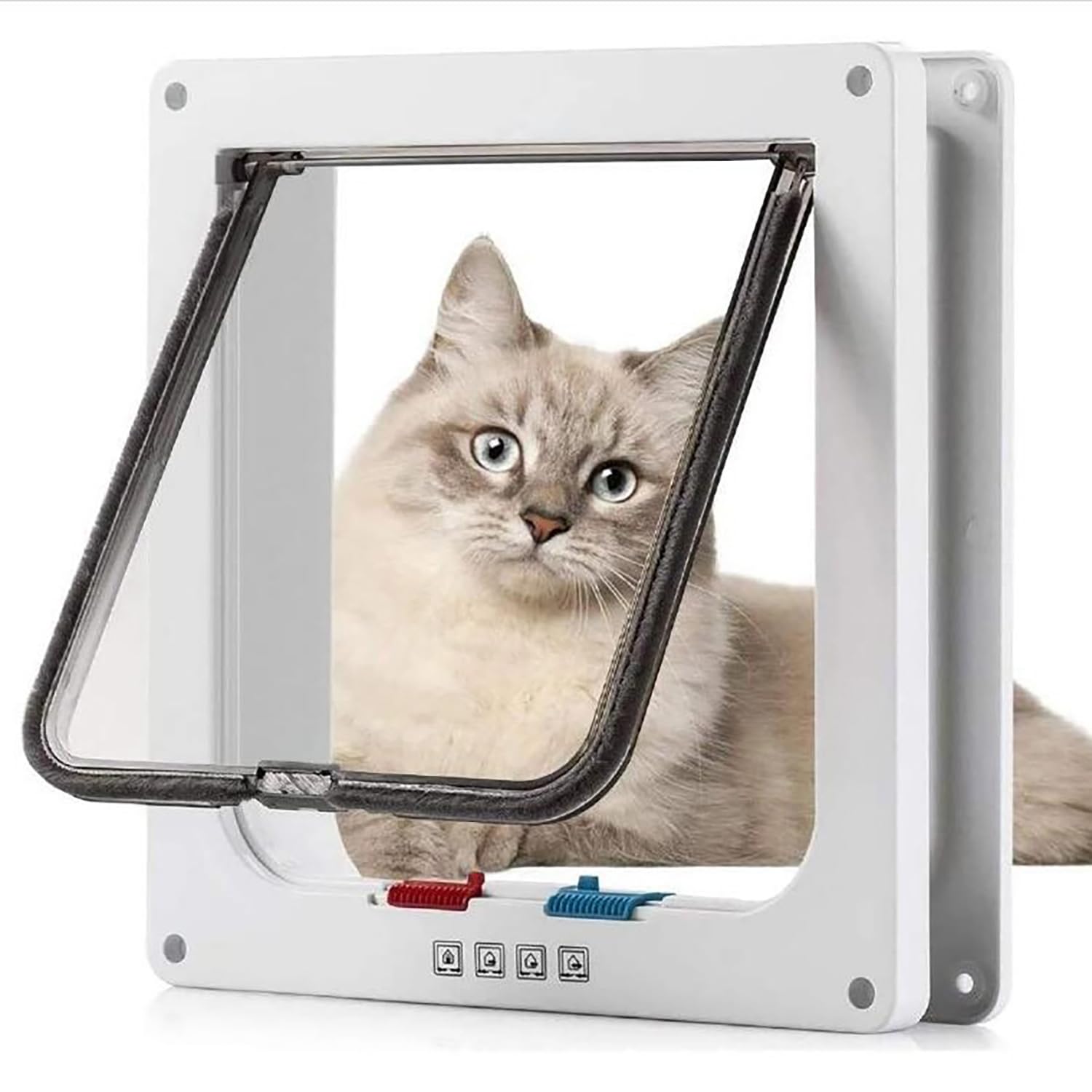 Cat Door, Safety Pet Door with 4 Way Lock, Weatherproof & Easy Installation Cat Flap For Cats & Doggie, Silent Manual Pet Flap For Interior Exterior Door Wall/Wooden/Upvc Door with Tunnel (White,M)