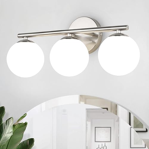 Miniatura 15 de Globe - Lámpara de baño de 3 luces de latón dorado con pantallas de globo blanco leche de plástico, aplique de pared de 11.81 pulgadas, luces de