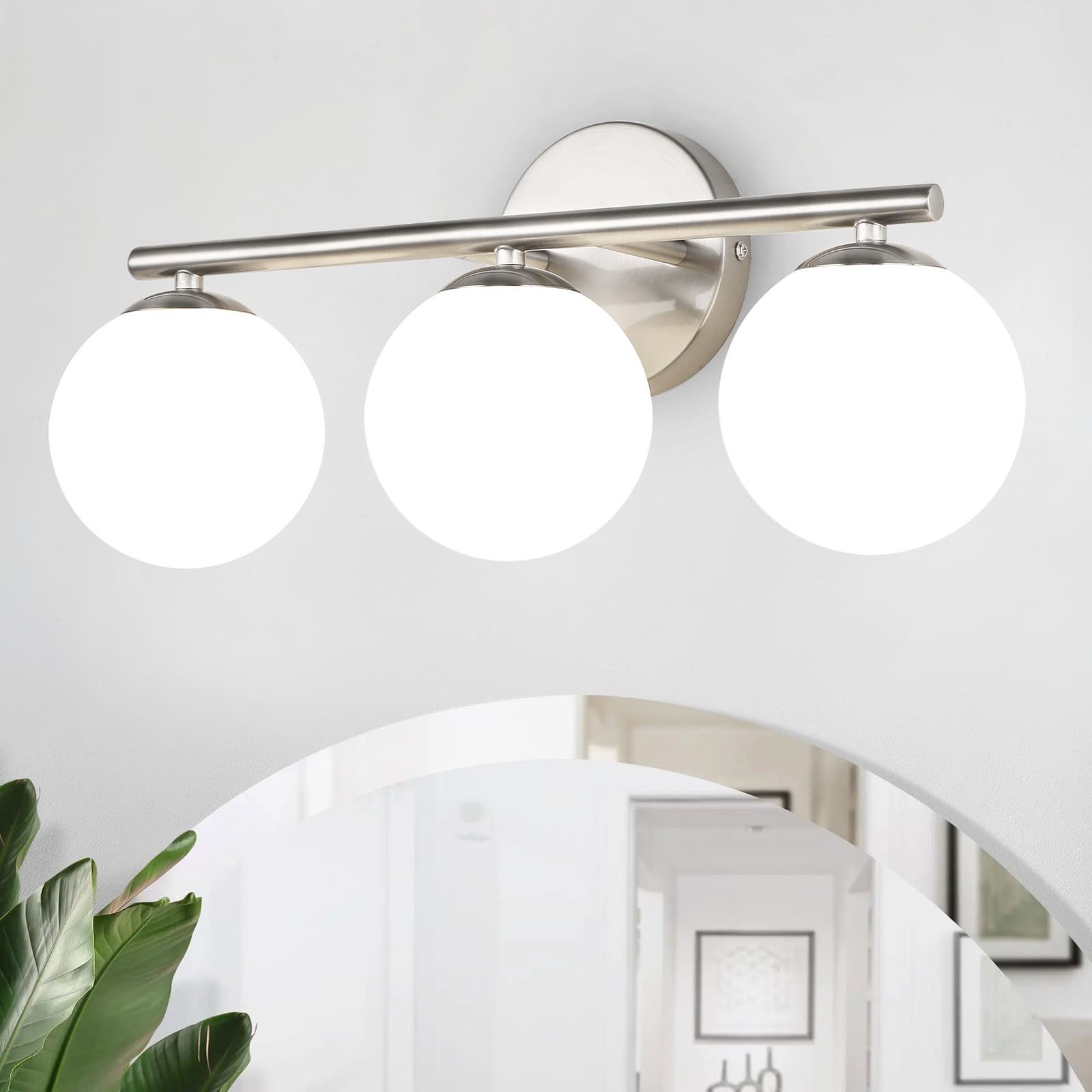 foucasal Brushed Nickel Bathroom Light Fixtures 3-Light Globe Vanity Light with Plastic Milk White Globe Shades 11.81 inch Wall Sconce Lighting Over Mirror Vanity Lights for Bathroom Bedroom Hallway