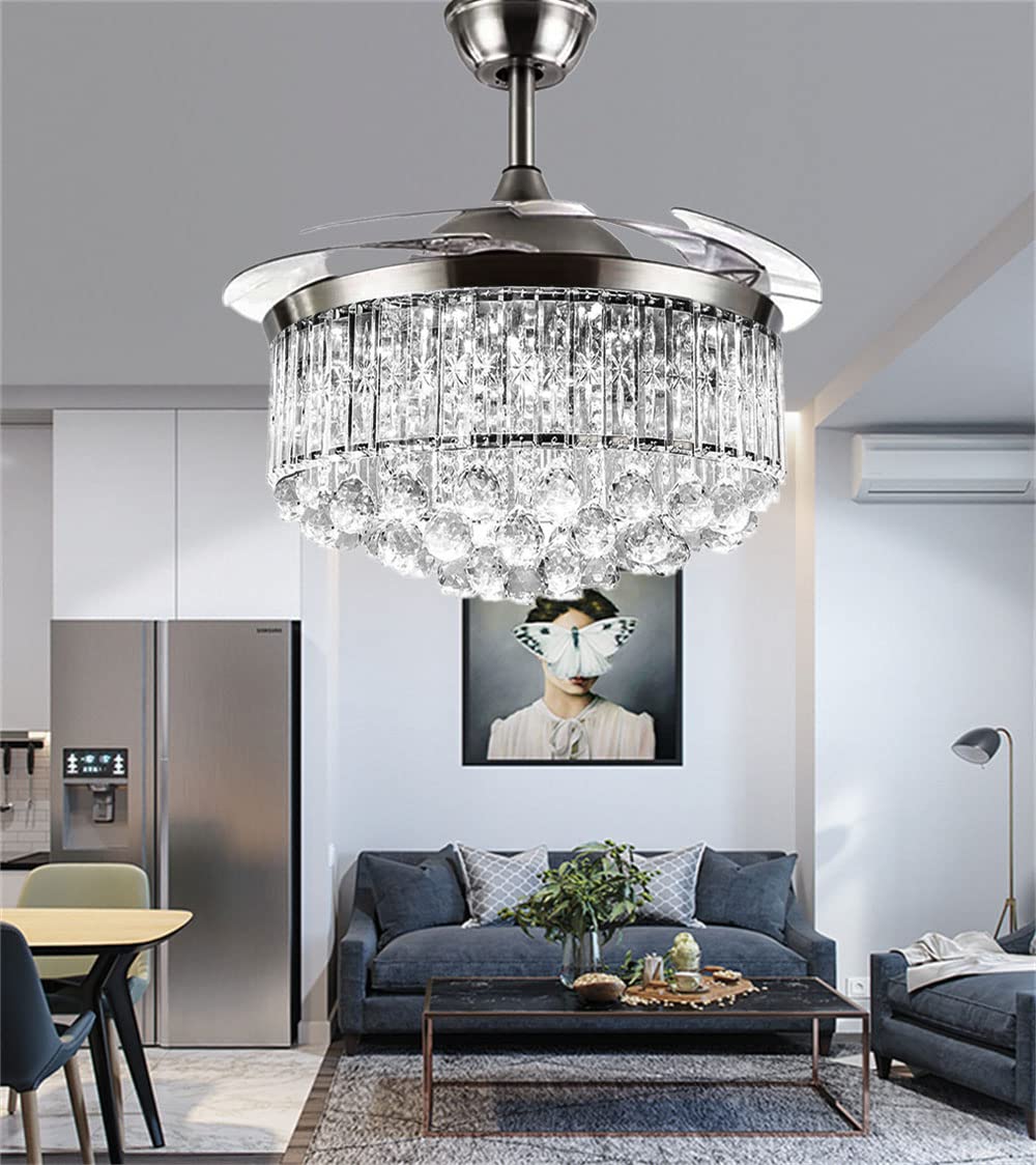 Saffbei 42" Modern Fandelier Retractable Ceiling Fan with Light Remote Control Crystal Chandelier Fan with 3 Color Changes 3 Fan Speeds Silent LED
