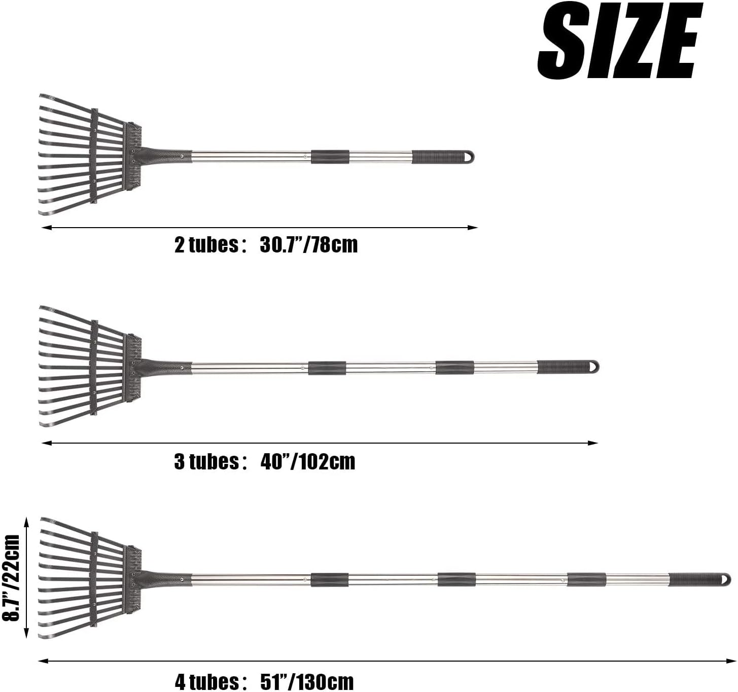 Rakes for Lawns Leaf Rake, 30.7”-50”Adjustable Garden Rake 8.7" Wide Lightweight Steel Handle,Plastic Head,for Gardeners,Kids Leaf Rake ,Camp Rake Garden Gloves