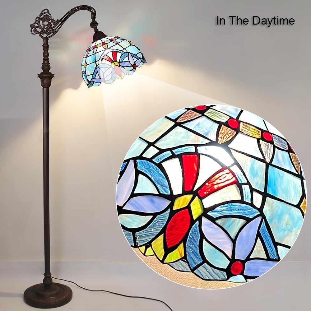 Capulina Tiffany Lamp Stained Glass Floor Lamp 62 Inches Tall Antique Victorian Soft Light Arched Adjustable Angle Tiffany Style Reading Lamp for Living Room Bedroom Home Office