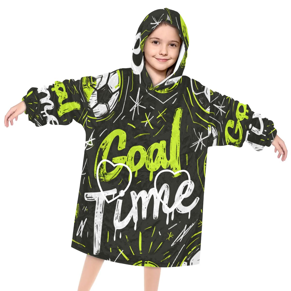 Wearable Blanket Hoodie for Kids, Abstract Soccer Fleece Sweatshirt Blanket Cartoon Football Oversized Blanket Sweatshirt with Pocket Flannel Warm Hooded Blanket 6-10 Year Old Girl Boy Gift, One Size