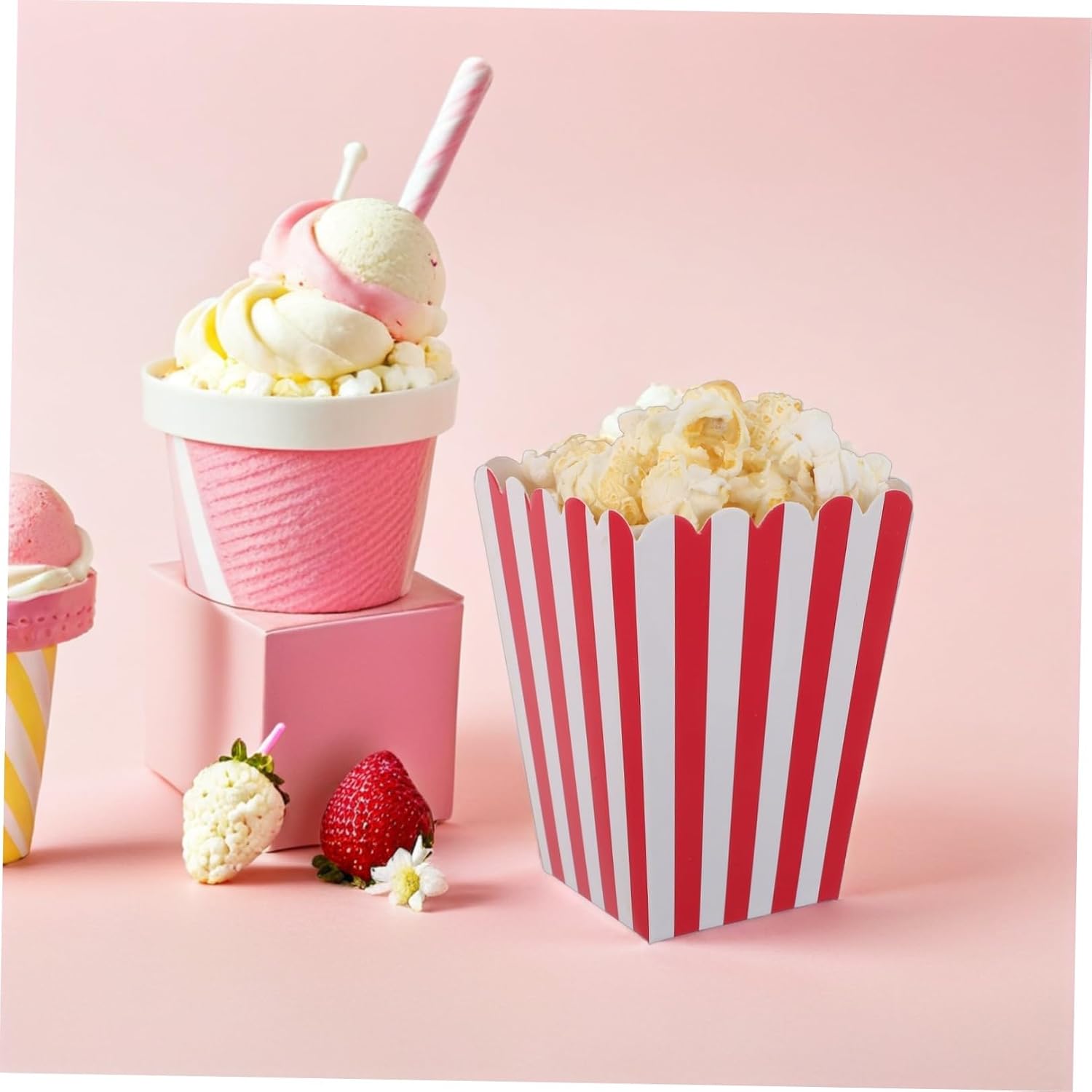 48pcs Foldable Paper Popcorn Buckets with Red Pattern, Carnival Snack Containers for Party Favors and Movie Night, Disposable Paper Popcorn Boxes for Outdoor Events