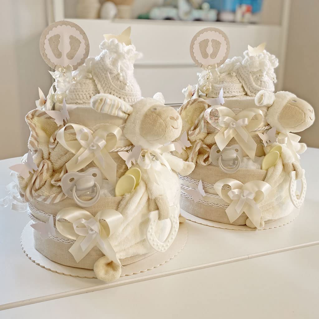 MomsStory Gâteau de Couches Neutre Mouton 2 Étages Beige Cadeau Naissance Baby Shower
